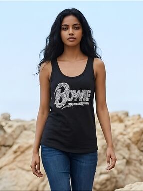 LA Pop Art David Bowie Tank Black with White Print NWT